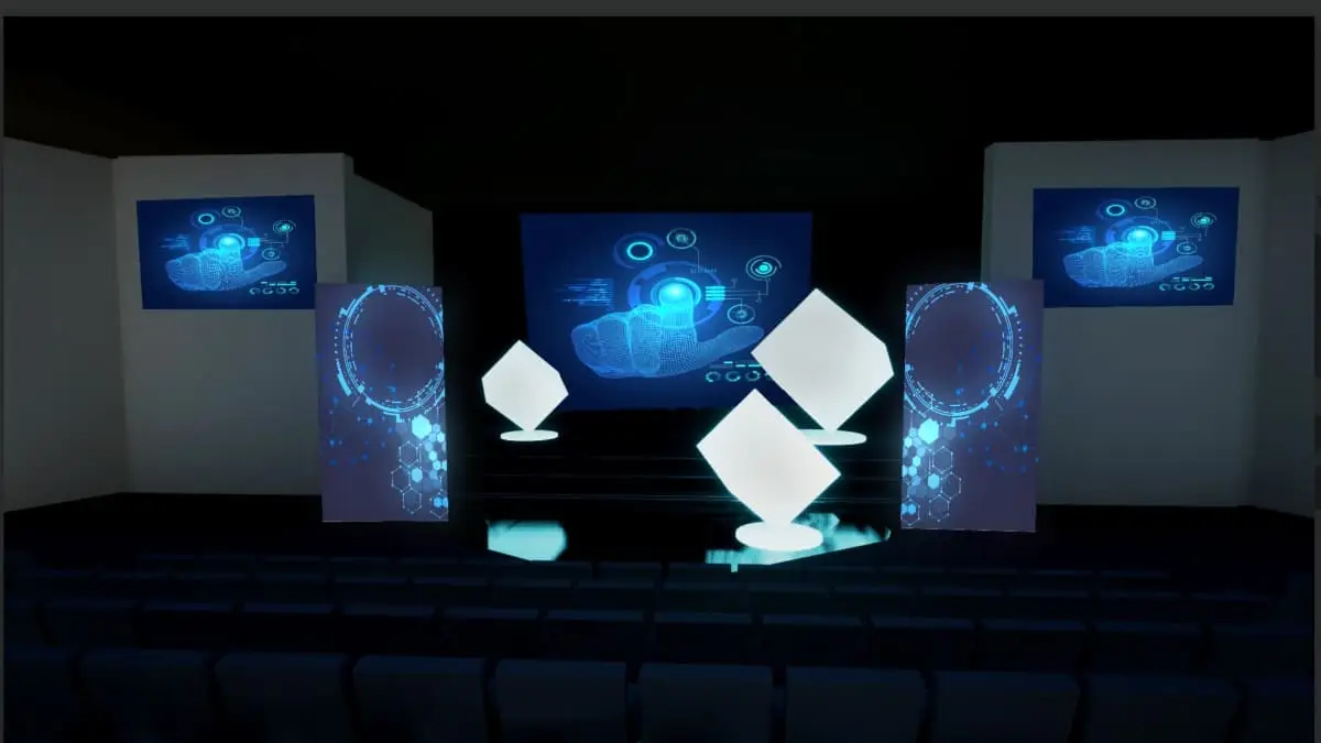 Rendu 3D de la scénographie de l'amphithéâtre pour le Dev Summit ADEO : écrans LED et cubes lumineux sur scène