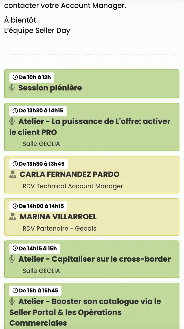 Agenda personnalisé des ateliers - Seller Day Leroy Merlin