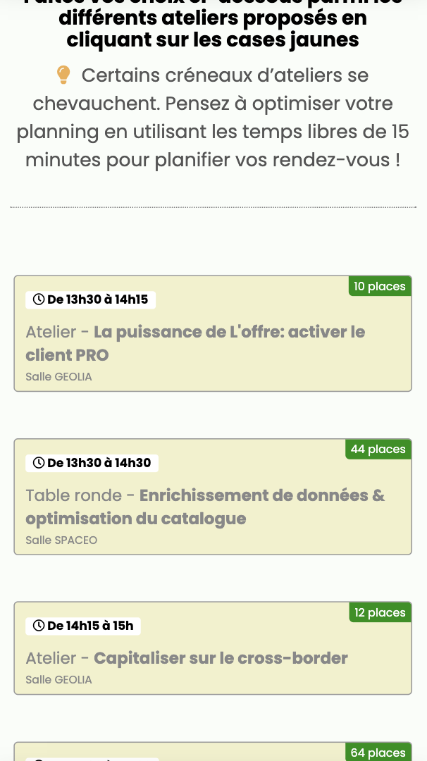 Plateforme inscriptions ateliers Seller Day Leroy Merlin