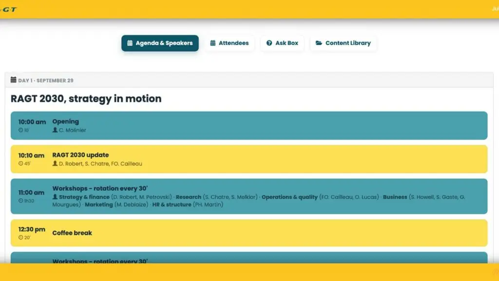 Agenda des trois jours de la plateforme convention digitale RAGT
