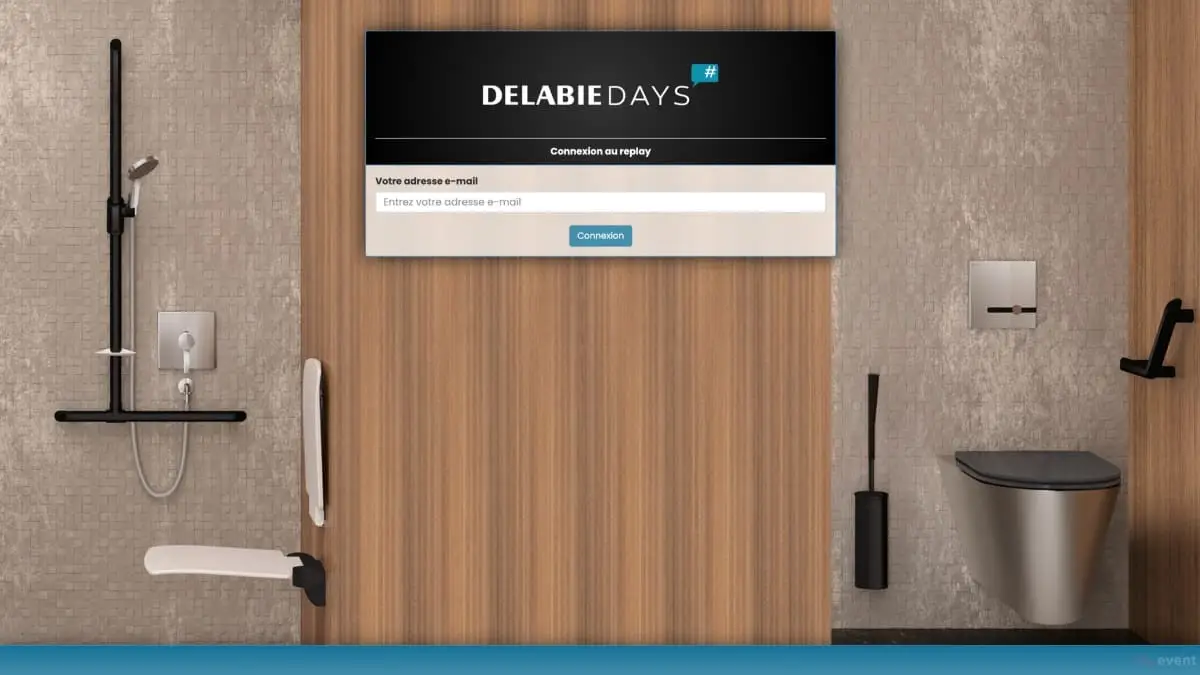 Page de connexion à la plateforme digitale du webinar Delabie Days, sur fond de salle de bains