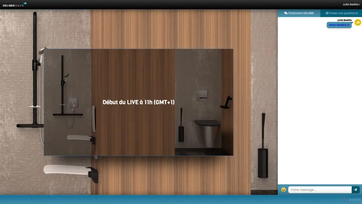Écran d’attente du webinar Delabie Days indiquant le début du live à 11 h sur la plateforme digitale
