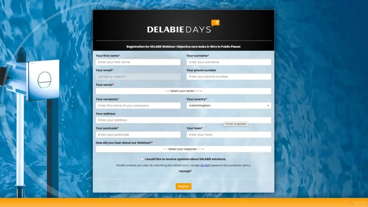 Formulaire d’inscription au webinar Delabie Days sur la plateforme digitale, avec fond de chasse d’eau sans réservoir