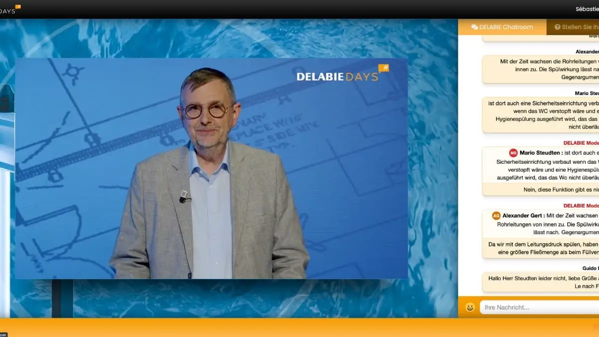 Intervenant Delabie en direct pendant le webinar multilingue Delabie Days, avec chat en temps réel