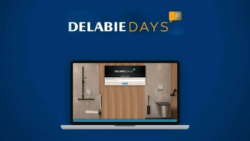 Logo Delabie Days et plateforme digitale du webinar multilingue affichée sur un ordinateur portable