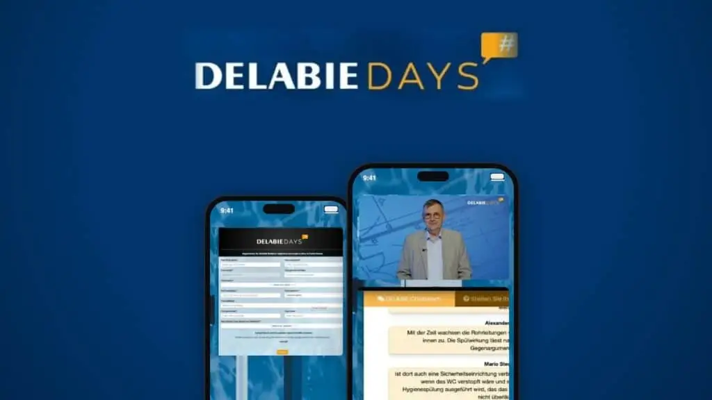 Logo Delabie Days et deux smartphones affichant l’inscription et le live du webinar multilingue sur la plateforme digitale