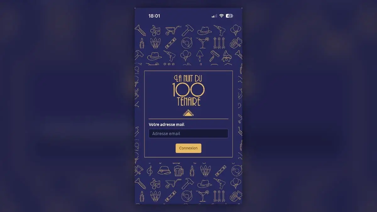 Écran de connexion de l'application du jeu interactif en direct La Nuit du 100tenaire Leroy Merlin
