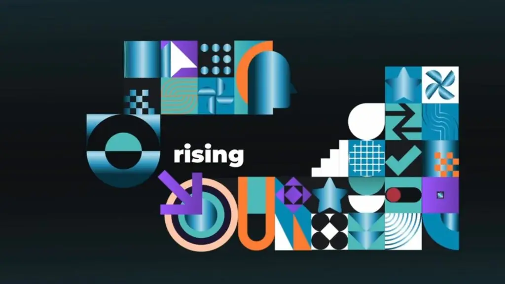 Jingle motion design ADEO XP : le mot rising apparaît au centre de la composition
