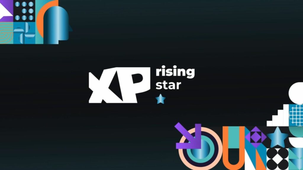 Jingle motion design ADEO XP : plan final avec logo XP Rising Star et éléments graphiques en pied