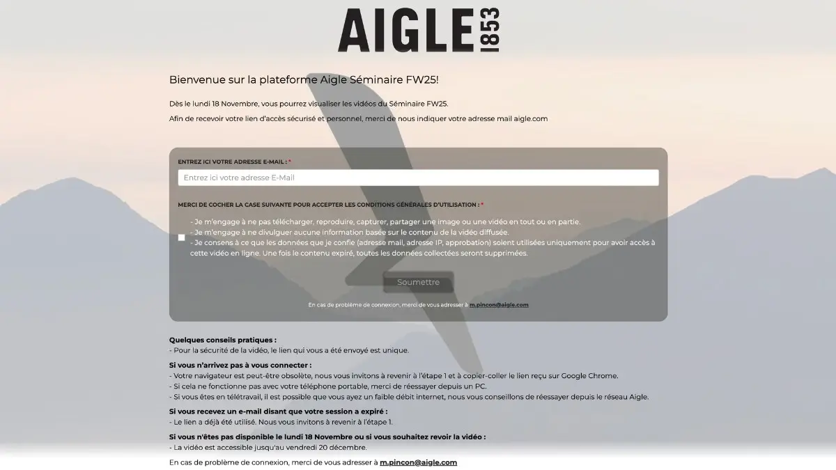 Page de connexion de la plateforme vidéo sécurisée Aigle avec validation des règles de confidentialité