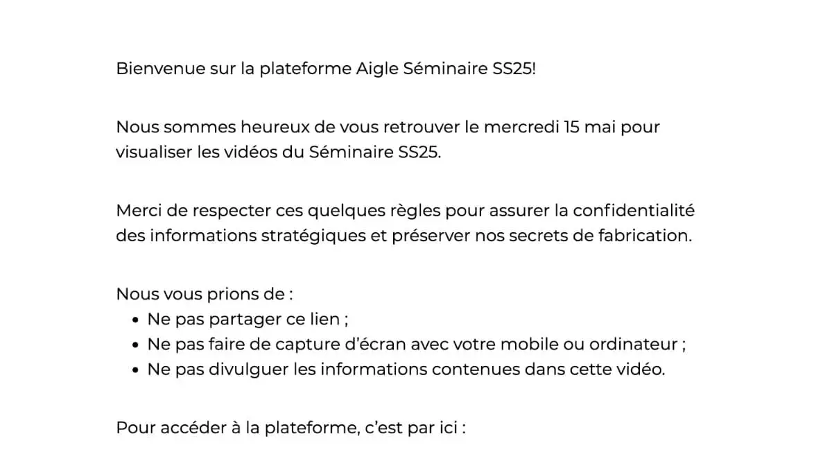 E-mail avec lien unique d’accès à la plateforme vidéo sécurisée Aigle
