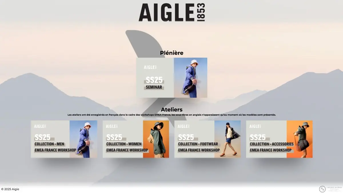 Replays par atelier sur la plateforme vidéo sécurisée Aigle : collections homme, femme, chaussures et accessoires SS25