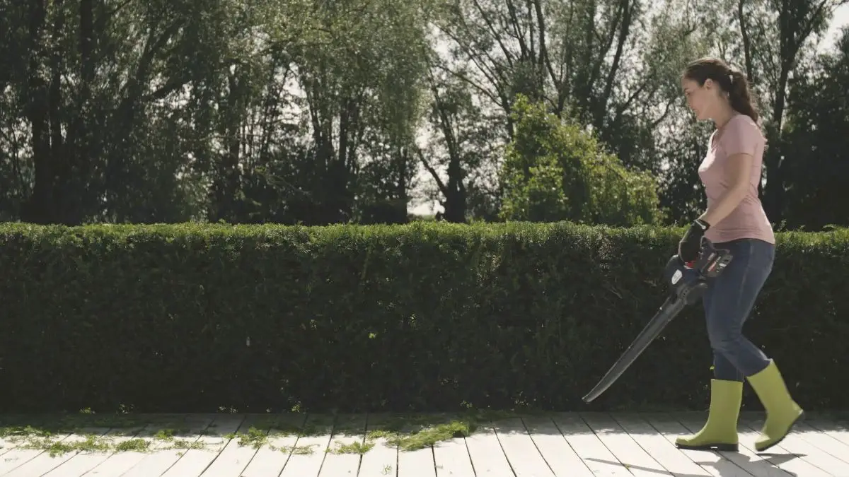 Publicité batterie universelle : entretien du jardin avec un souffleur sur batterie