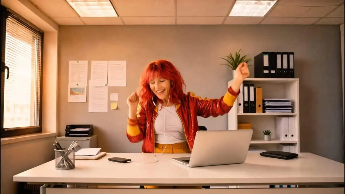 Publicité radio IA Métropolys : une salariée qui danse à son bureau