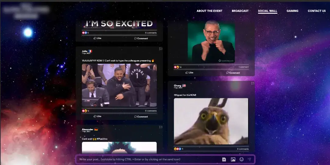 Plateforme événementielle sécurisée Ubisoft social wall galaxie
