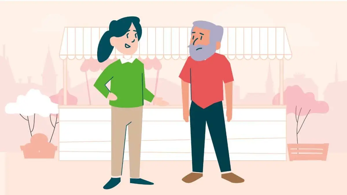 Vidéo motion design Espace Solidarité : situation 2, échange entre deux personnes sur un marché